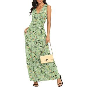 Women Ju Bai Green Deep V Neck Sleeveless Loose Plain Long Maxi Stretchy Dress